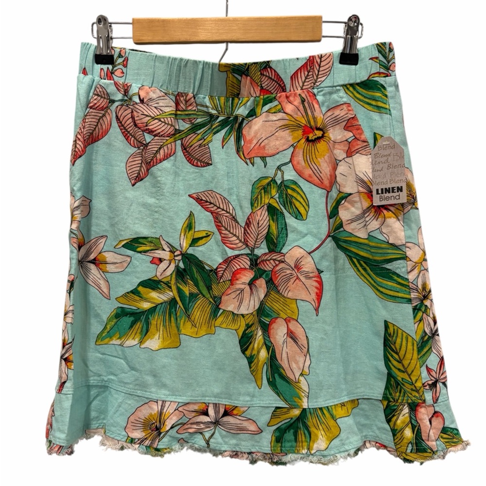 NWT For Cynthia Tropical 55% Linen Mini Skirt Blue & Green - Size M - Resortwear